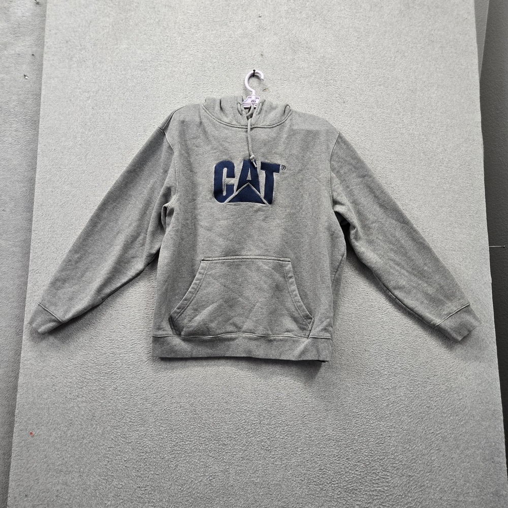 CAT Men Hoodie XL Gray Embroidered Fleece Logo Activewear Drawstring Hooded